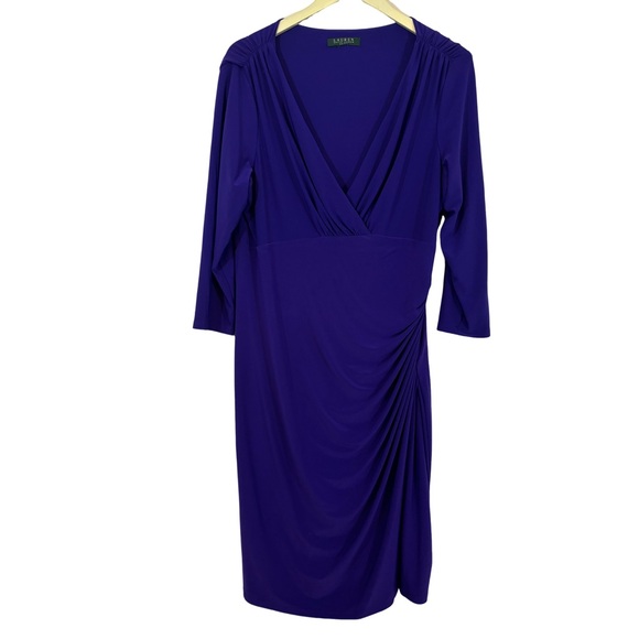LAUREN RALPH LAUREN Purple Knit V-Neck Dress Ruched Shoulders & Pleats Sz L/XL - Picture 1 of 13